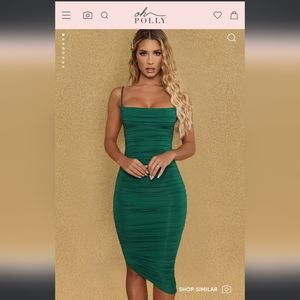 Oh Polly Cowl Neck Ruched Bodycon Midi Dress in Emerald Green